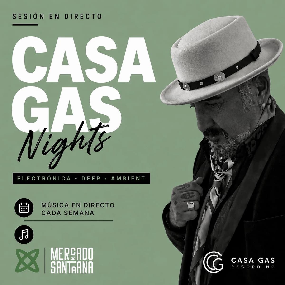 Casa Gas en directo en Mercado de Santa Ana con sesiones nocturnas de electrónica y deep music en Estepona.