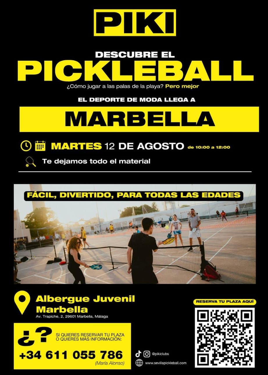 Cartel promocional de la jornada gratuita de Pickleball en el Albergue Inturjoven Marbella el 12 de agosto de 2025, con información de horario, ubicación y material incluido.