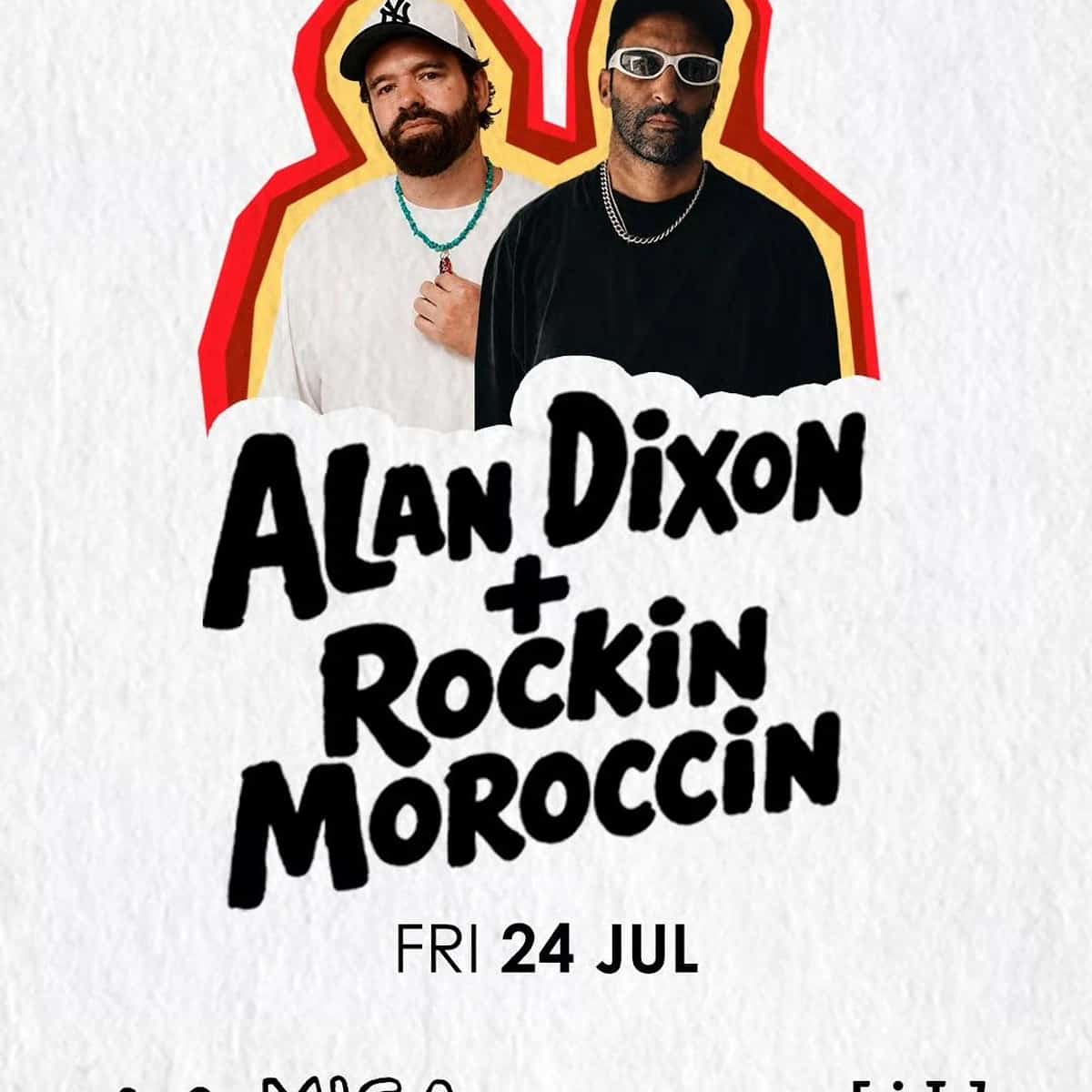 Poster for Alan Dixon B2B Rockin Moroccin by La Misa at FITZ Marbella, with textured white background, portrait of both DJs and La Misa and FITZ logos.