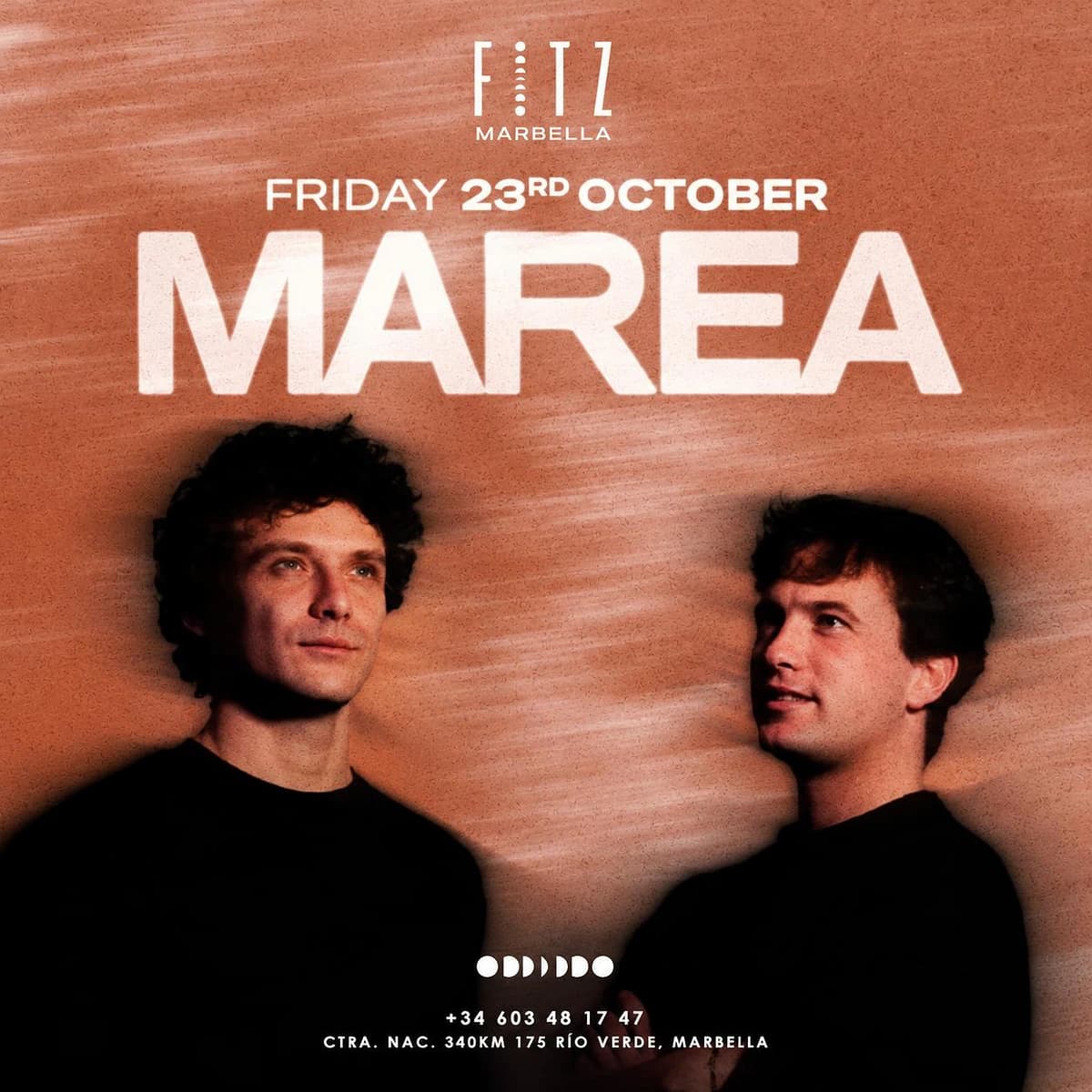 Cartel de MAREA World en FITZ Marbella para el 23 de octubre, con los dos DJs sobre fondo marrón, tipografía blanca y estética minimalista.