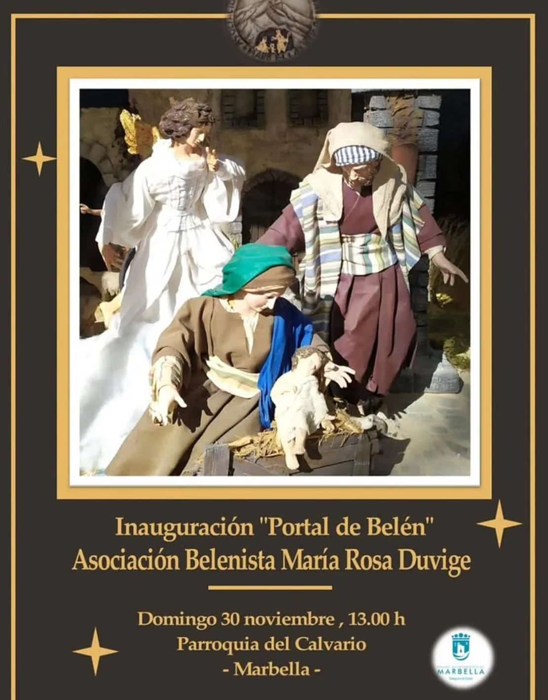Poster for the opening of the “Portal de Belén” in Marbella: first Nativity scene with the Virgin Mary, Saint Joseph, Baby Jesus and an angel framed in gold on a dark background, with event text at the bottom showing date, time and venue at Parroquia del Calvario.