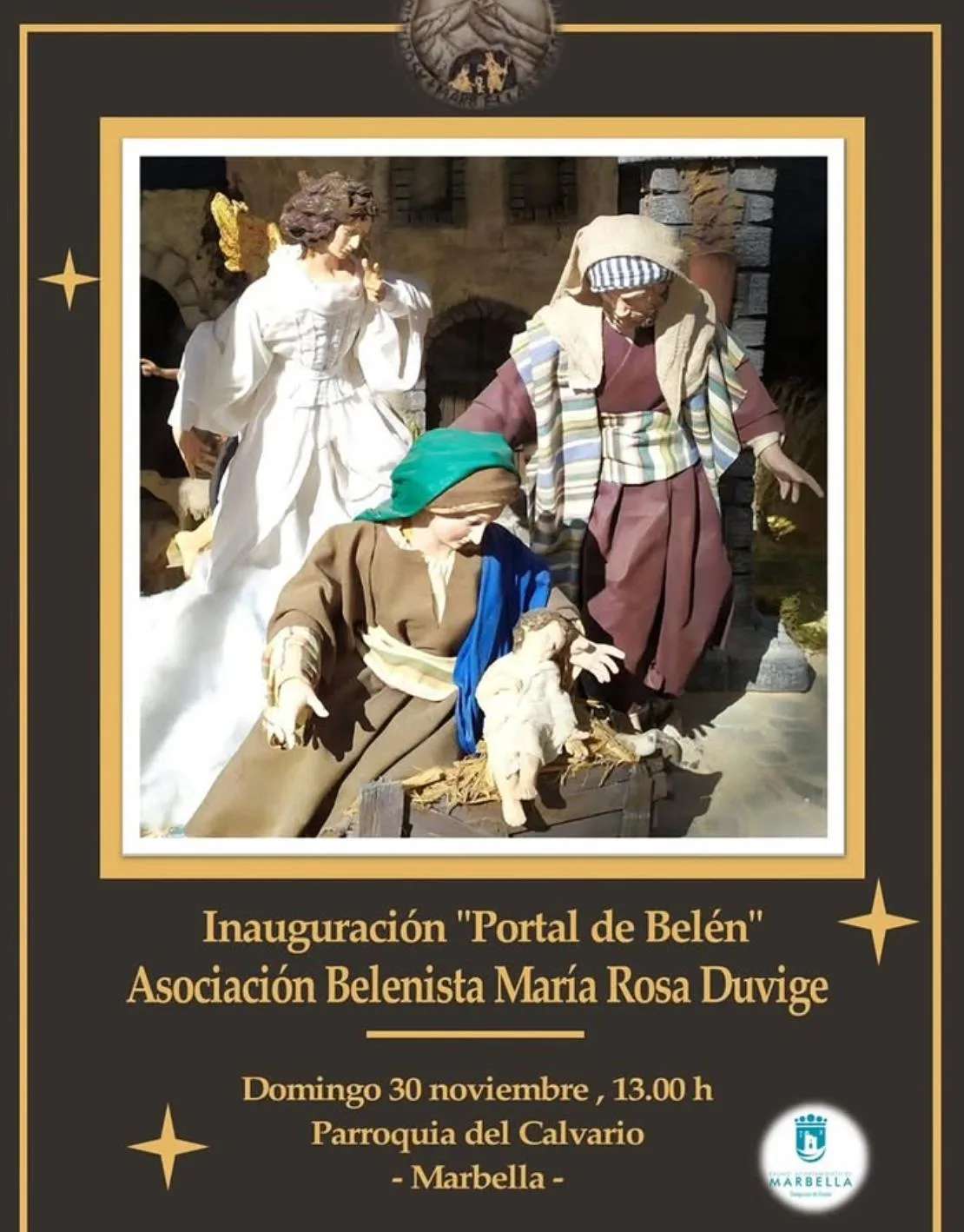 Poster for the opening of the “Portal de Belén” in Marbella: first Nativity scene with the Virgin Mary, Saint Joseph, Baby Jesus and an angel framed in gold on a dark background, with event text at the bottom showing date, time and venue at Parroquia del Calvario.
