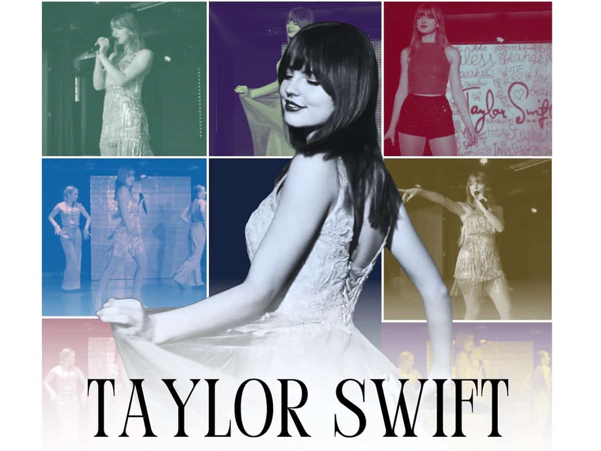 Poster for the Taylor Swift tribute at La Sala Puerto Banús featuring Emma Luisa in the centre with multiple pastel-toned performance images around her.