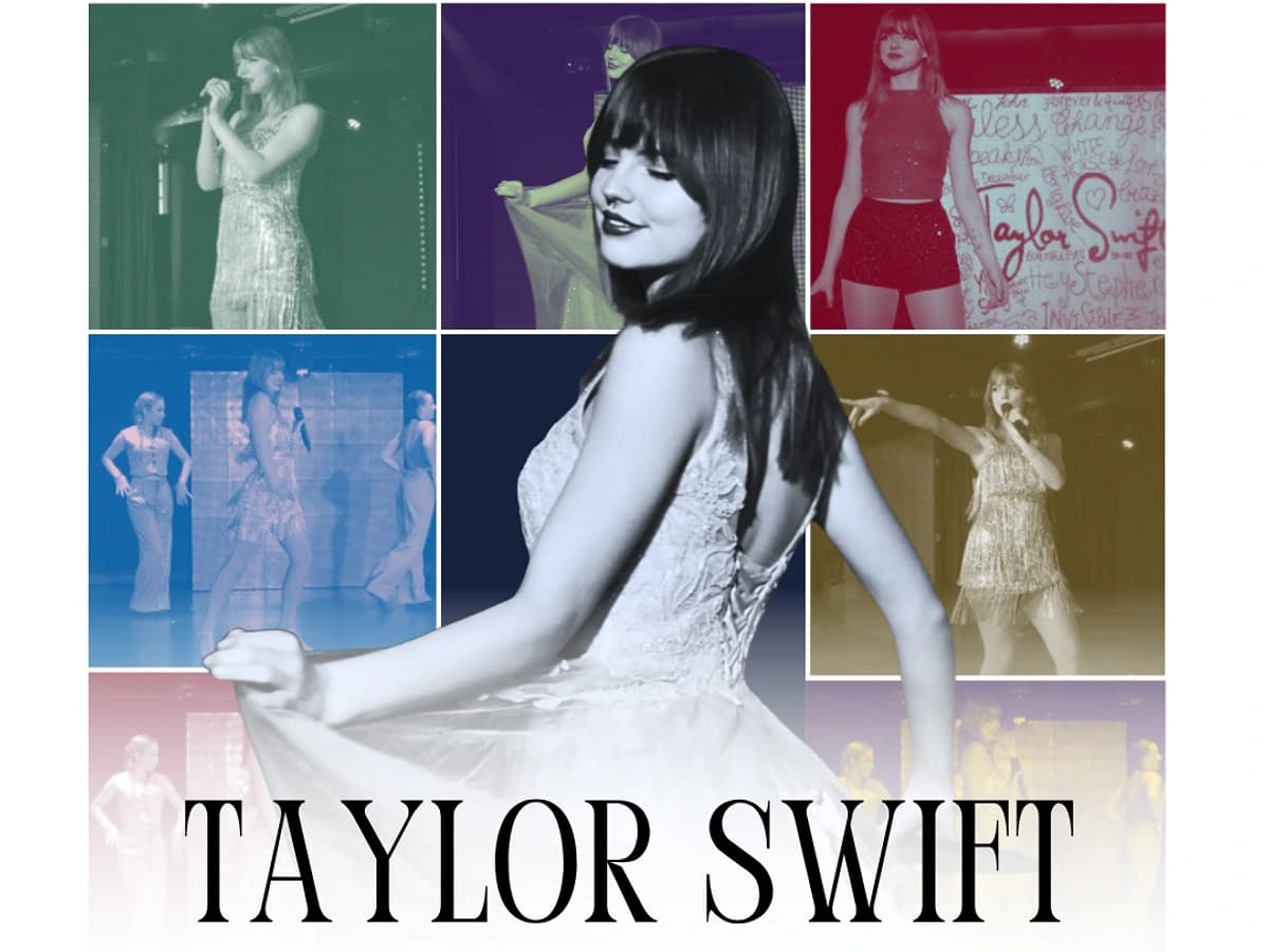 Poster for the Taylor Swift tribute at La Sala Puerto Banús featuring Emma Luisa in the centre with multiple pastel-toned performance images around her.