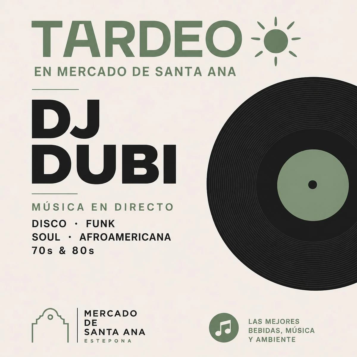 DJ Dubi pinchando música disco, funk y soul en el Mercado de Santa Ana durante el tardeo en Estepona con ambiente social y copas.