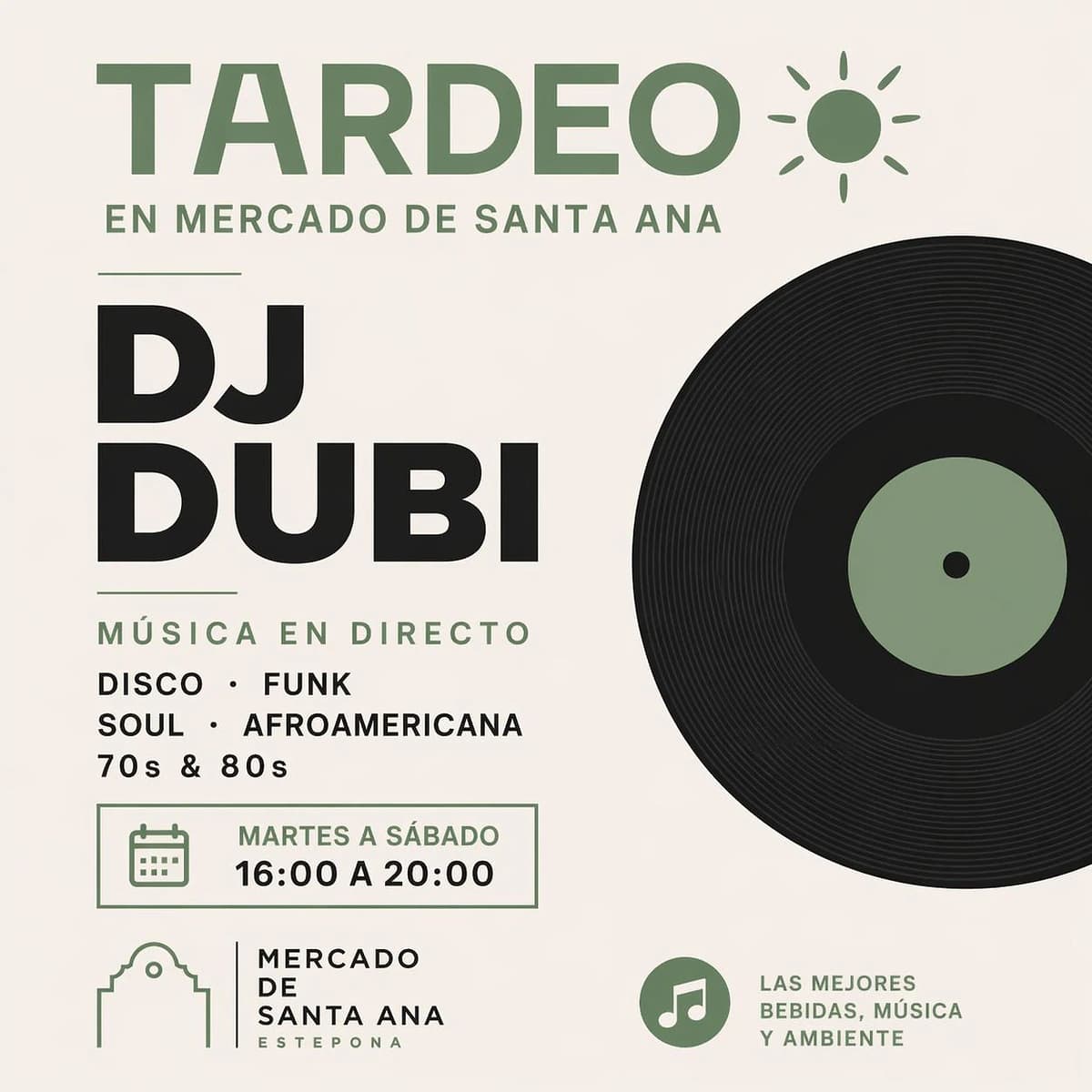 DJ Dubi pinchando música disco, funk y soul en el Mercado de Santa Ana durante el tardeo en Estepona con ambiente social y copas.