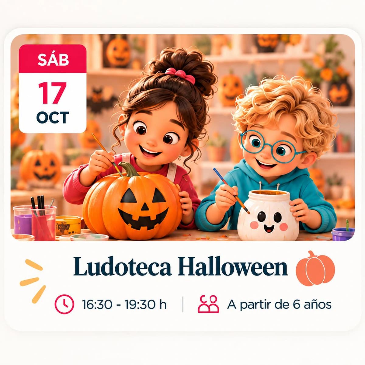 Ludoteca de Halloween en Casa Ángeles para niños desde 6 años, con manualidades, juegos, creatividad y actividades inclusivas.