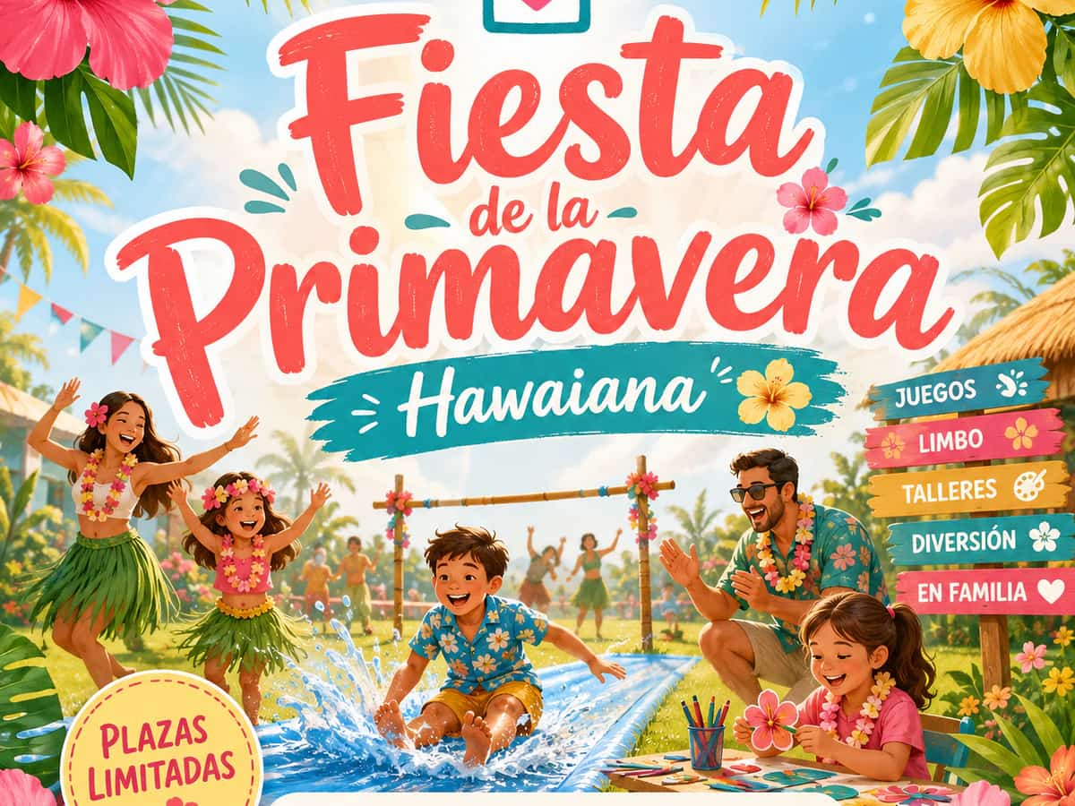 Cartel de la Fiesta de la Primavera en Casa Ángeles con temática hawaiana, juegos familiares y actividades inclusivas para niños y familias en Marbella.