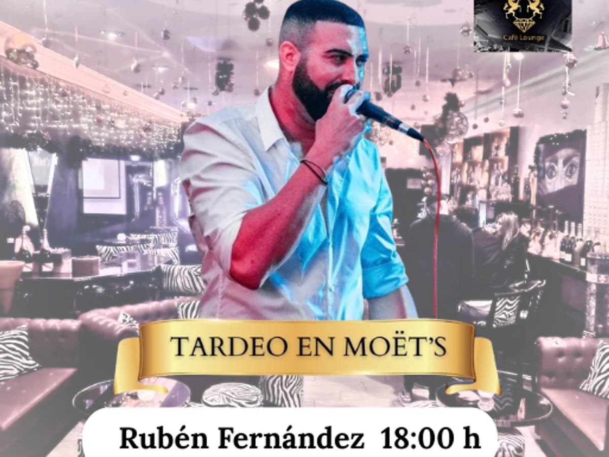 Cartel de Rubén Fernández cantando en directo en un tardeo en Moët’s el 17 de abril a las 18:00, con el interior del local al fondo.