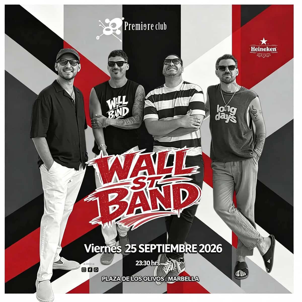 Cartel de Wall Street Band con cuatro miembros del grupo frente a un diseño geométrico rojo, negro y blanco, anunciando el viernes 25 de septiembre de 2026 a las 23:30 h en Premiere Club Marbella.