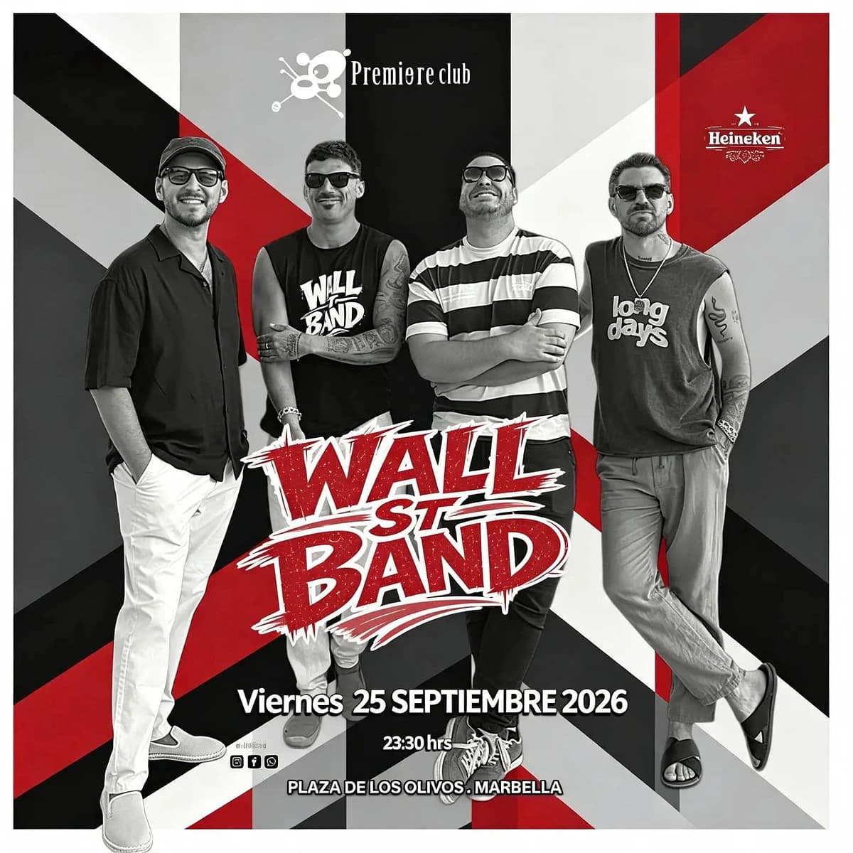 Cartel de Wall Street Band con cuatro miembros del grupo frente a un diseño geométrico rojo, negro y blanco, anunciando el viernes 25 de septiembre de 2026 a las 23:30 h en Premiere Club Marbella.