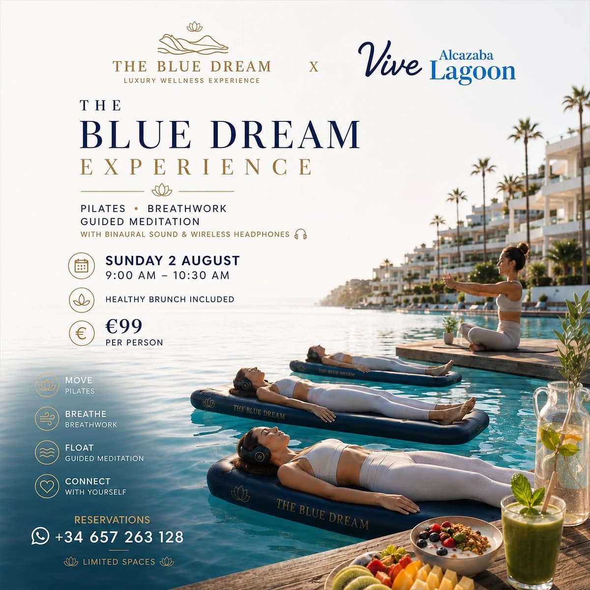 Cartel de The Blue Dream Experience x Vive Alcazaba Lagoon con mujeres usando auriculares sobre plataformas flotantes en una laguna turquesa, pilates, breathwork, meditación guiada, sonido binaural y brunch saludable en Casares.