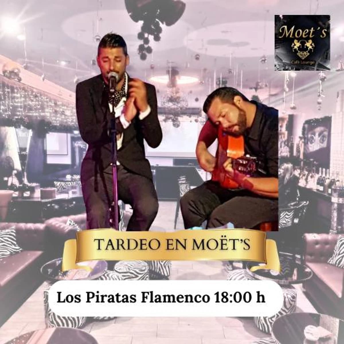 Cartel de Los Piratas Flamencos en directo en un tardeo de Moët’s el viernes 10 de abril desde las 18:00, con estética flamenca y ambiente de música en vivo.