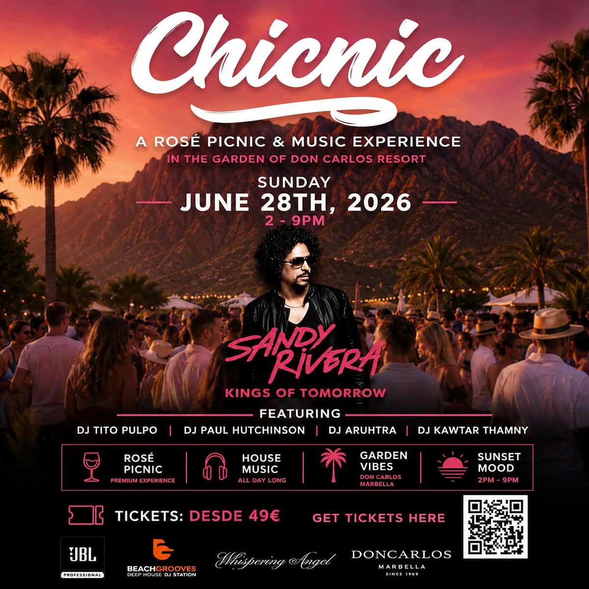 Cartel de Chicnic en Don Carlos Marbella con Sandy Rivera, DJs invitados, picnic rosé y experiencia musical premium en jardines.