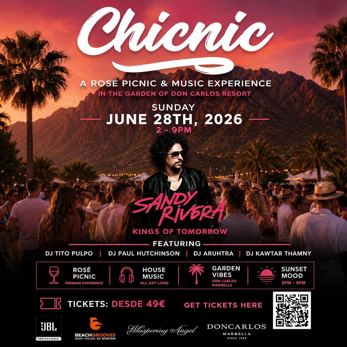 Cartel de Chicnic en Don Carlos Marbella con Sandy Rivera, DJs invitados, picnic rosé y experiencia musical premium en jardines.