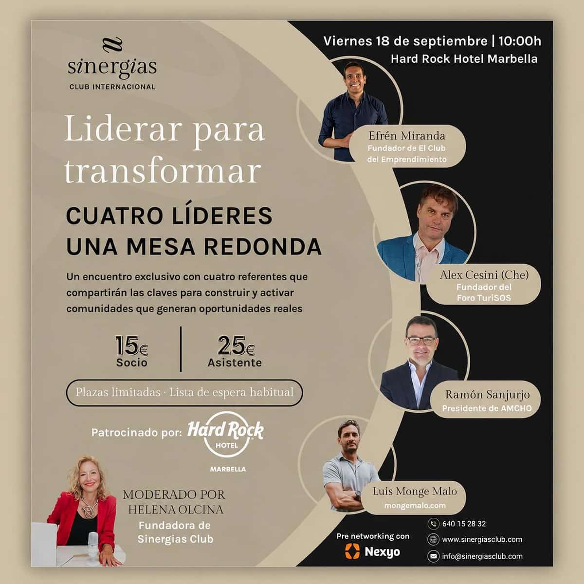 Cartel de Liderar para transformar en Hard Rock Hotel Marbella con mesa redonda de cuatro líderes, Helena Olcina como moderadora, fecha 18 de septiembre y precios para socios y asistentes.