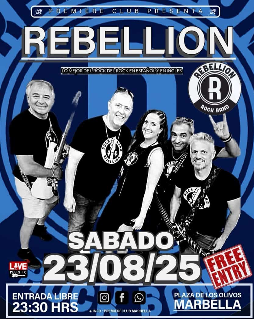 Cartel azul de Rebellion Rock Band con los cinco integrantes posando; texto “Sábado 23/08/25, 23:30 h, Plaza de los Olivos — Entrada libre — Marbella”.
