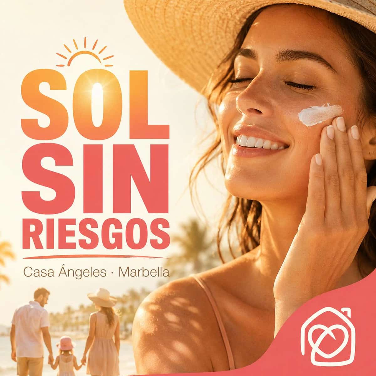 Cartel de un taller sobre protección solar en Casa Ángeles para aprender a cuidar la piel, elegir fotoprotector y prevenir riesgos del sol en Marbella.