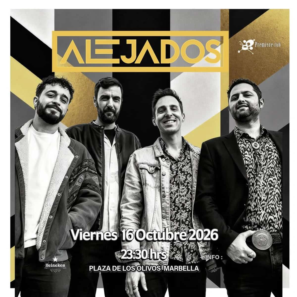 Cuatro miembros de Alejados posan en blanco y negro sobre un diseño geométrico negro, dorado, gris y blanco; el cartel anuncia el 16 de octubre de 2026 a las 23:30 h.
