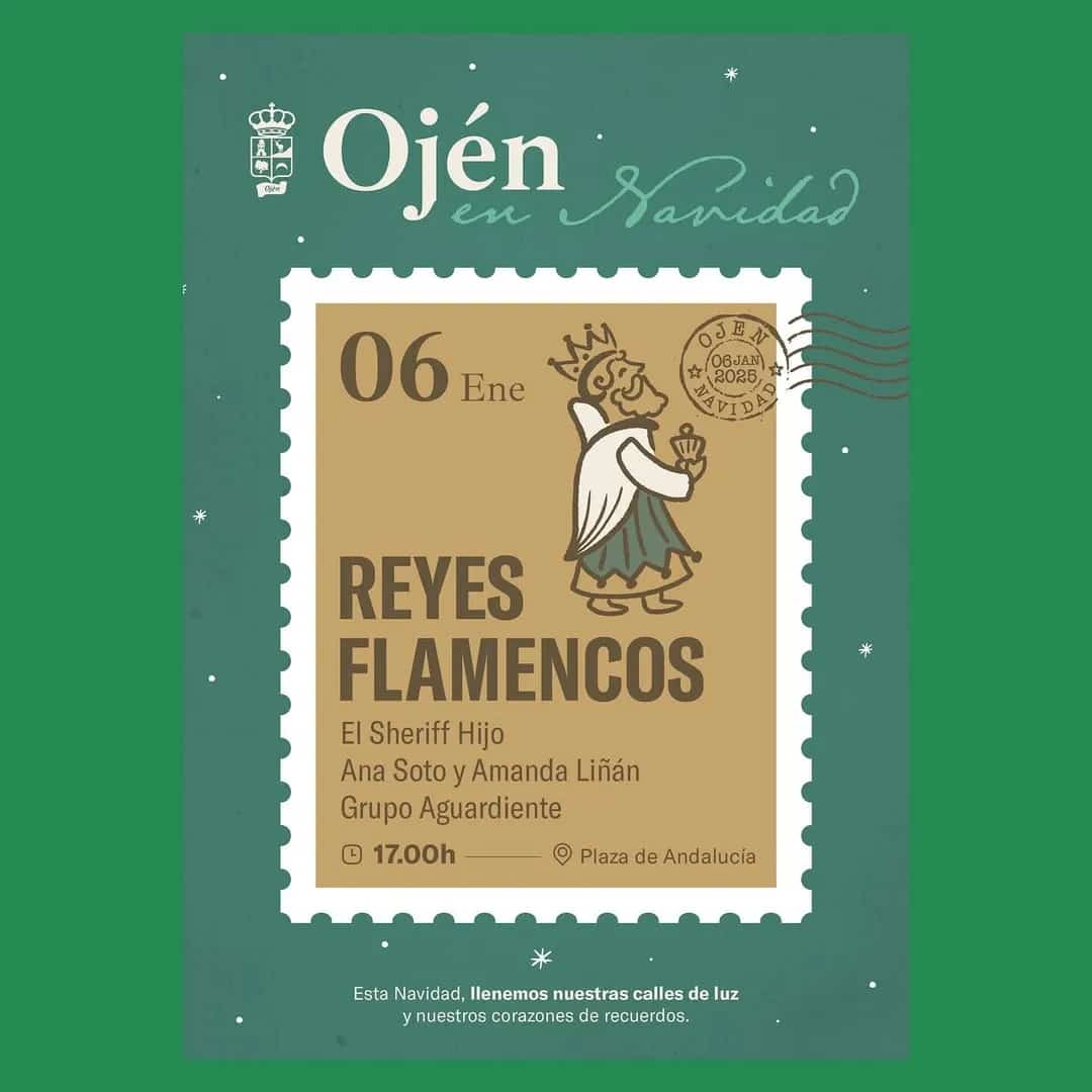 Cartel del evento Reyes Flamencos el 6 de enero de 2026, con vibrantes bailarines de flamenco y nombres de artistas en Plaza de Andalucía.