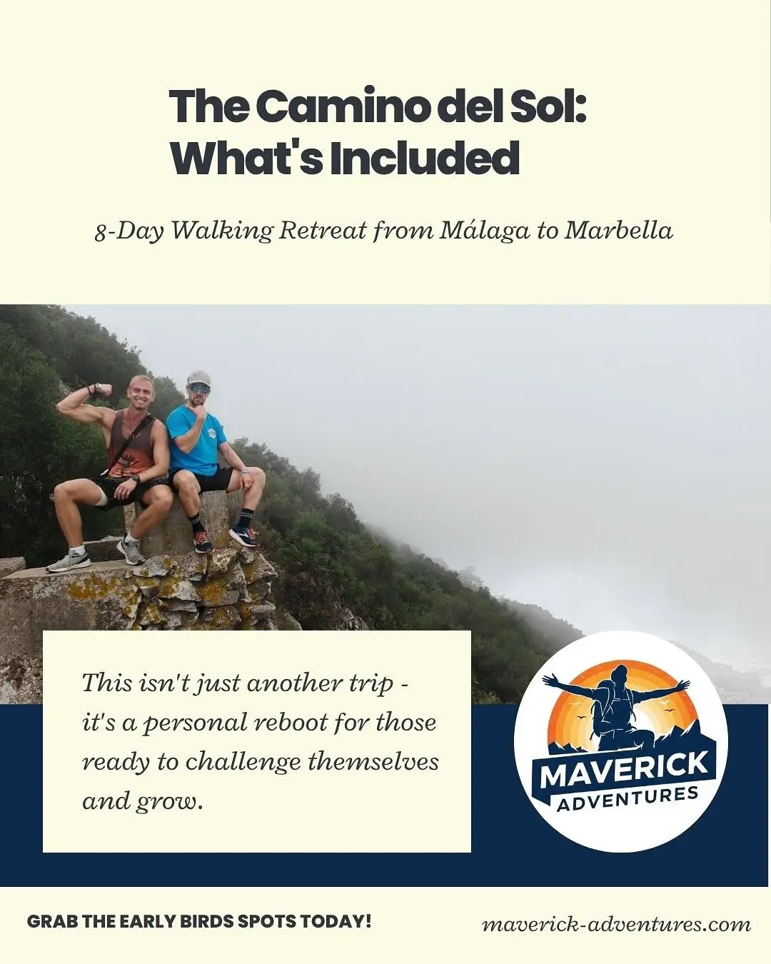 Event poster image showing beautiful Málaga landscape, event name: '8-Day Walking Retreat'. Includes date and early-bird offer details.