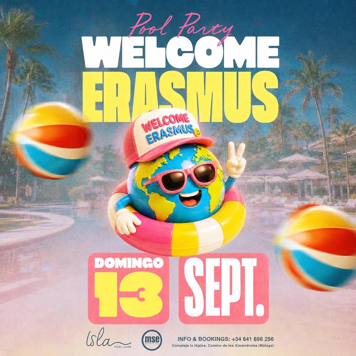 Cartel de Welcome Erasmus Pool Party con personaje del planeta Tierra en flotador, gafas rosas y gorra, colores vivos azul, rosa y amarillo y fecha domingo 13 de septiembre.