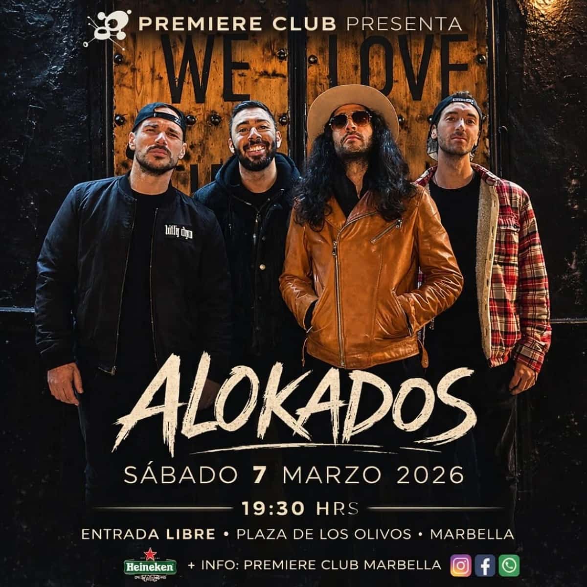 Concierto de Alokados en Premiere Club Marbella el 7 de marzo de 2026 a las 19:30, música en directo con entrada libre en Plaza de los Olivos.