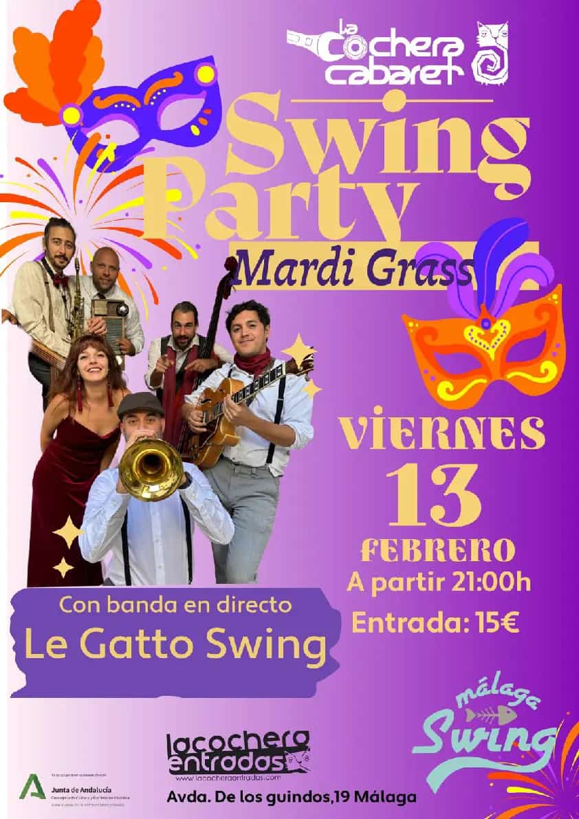 Le Gatto Swing actuando en vivo con vibrantes decoraciones de Mardi Gras