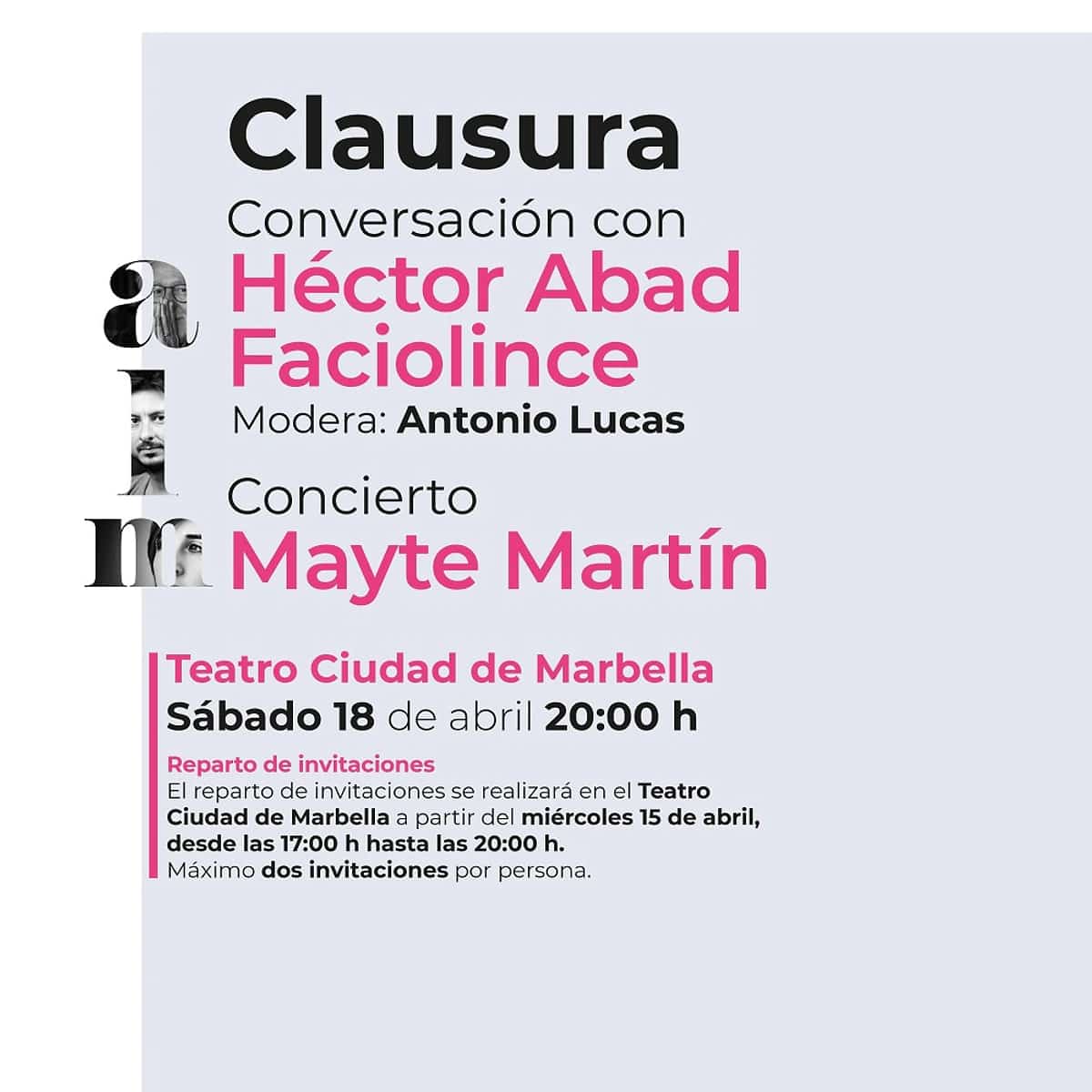 Evento de clausura de MARPOÉTICA 2026 con Héctor Abad Faciolince, Antonio Lucas y Mayte Martín en Marbella