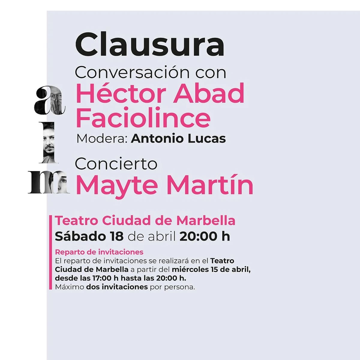 Evento de clausura de MARPOÉTICA 2026 con Héctor Abad Faciolince, Antonio Lucas y Mayte Martín en Marbella