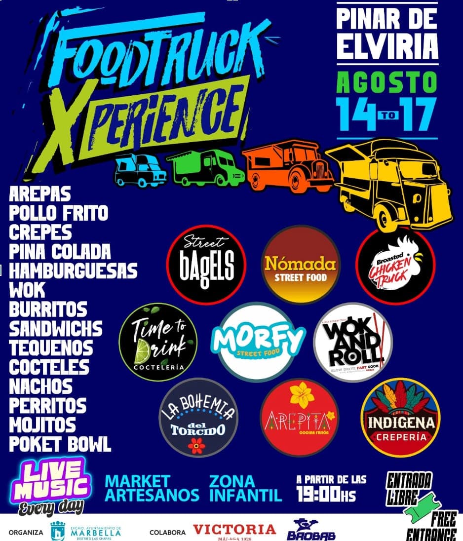 Foodtruck Xperience en Pinar de Elviria (Marbella): entrada libre, música en vivo cada día y 9 food trucks, 14–17 de agosto desde 19:00. Poster