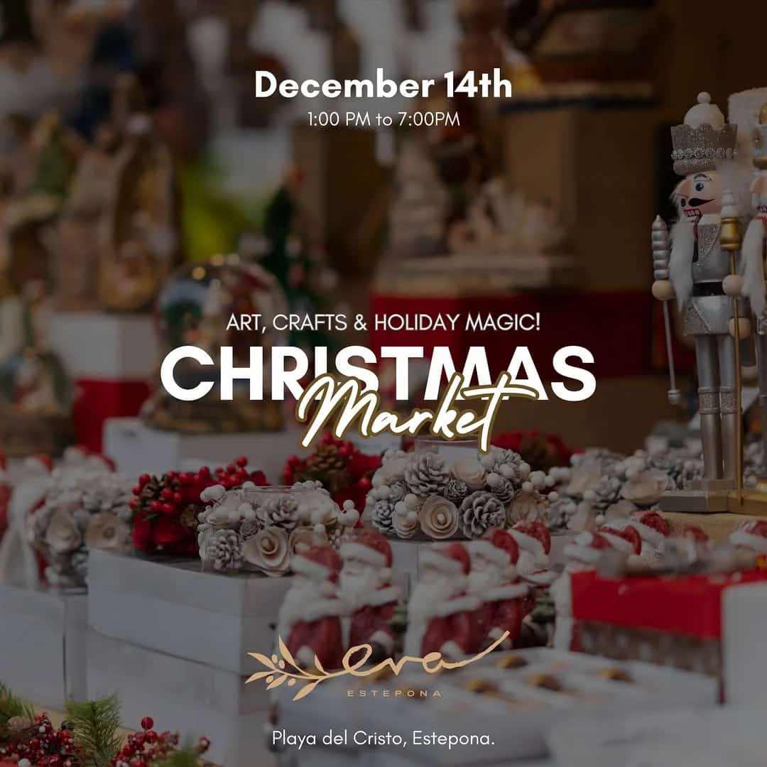 Cartel del evento Mercado Navideño y Brunch, mostrando puestos artesanales, artistas locales y decoraciones festivas. Incluye detalles del evento con fecha y hora.