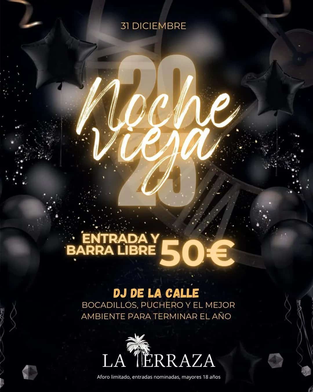 Cartel del evento de Nochevieja en La Terraza, con decoraciones festivas, cabina del DJ, copas y bocadillos listos para la celebración.