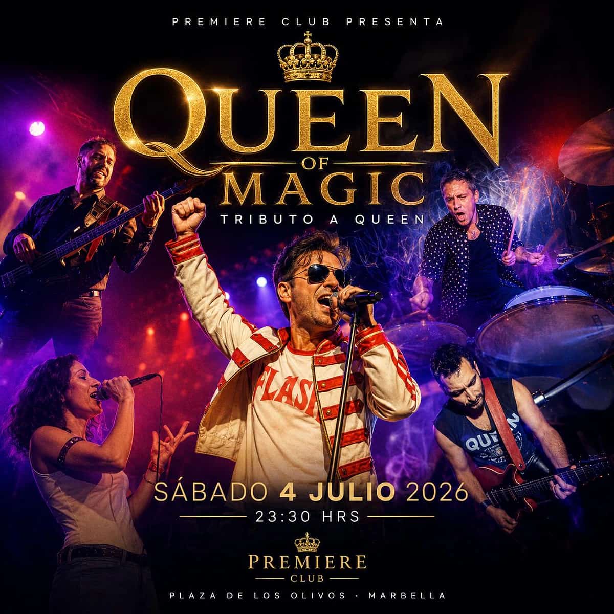 Portada promocional de Queen of Magic en Premiere Club Marbella con varios músicos actuando en directo bajo luces de concierto en tonos morados y rojos, título en letras doradas y subtítulo Tributo a Queen para el sábado 4 de julio de 2026 a las 23:30 h.