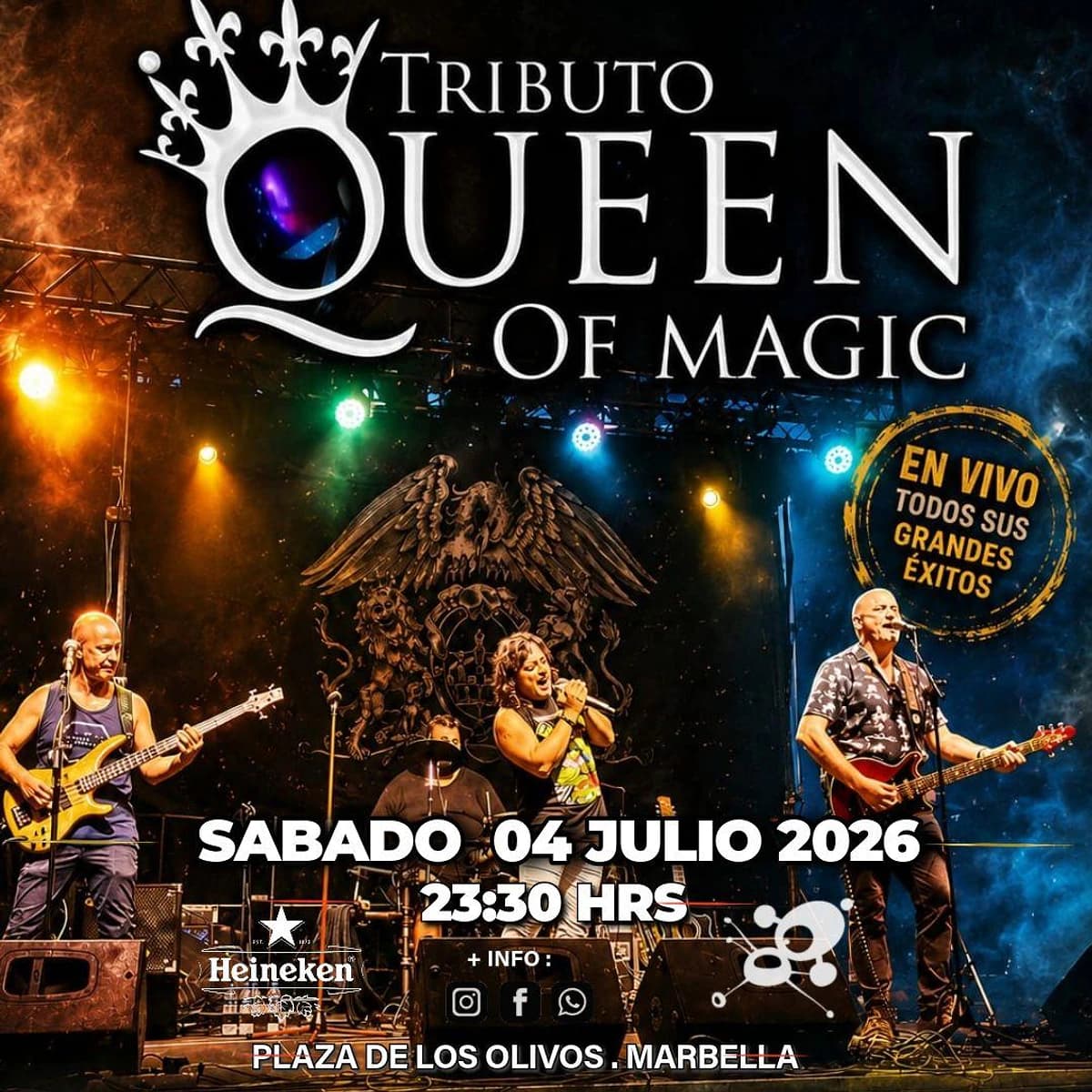 Portada promocional de Queen of Magic en Premiere Club Marbella con varios músicos actuando en directo bajo luces de concierto en tonos morados y rojos, título en letras doradas y subtítulo Tributo a Queen para el sábado 4 de julio de 2026 a las 23:30 h.
