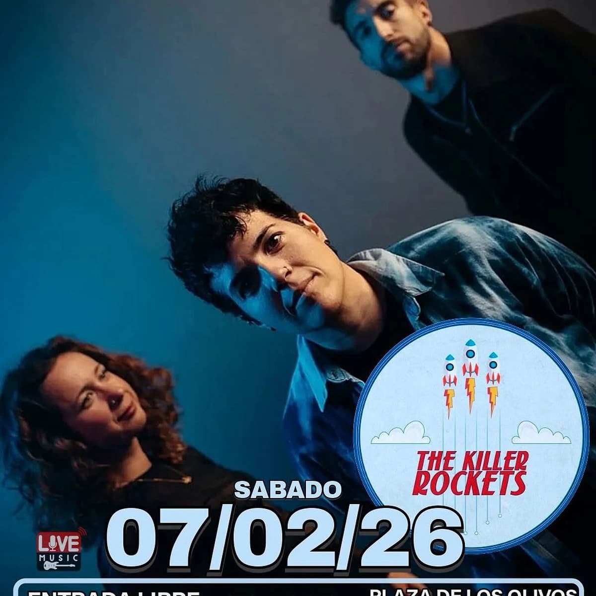 Banda The Killer Rockets en concierto de música rock en vivo en Premiere Club Marbella, actuación nocturna con entrada libre en Plaza de los Olivos, ambiente de directo y música alternativa.Imagen del cartel del evento