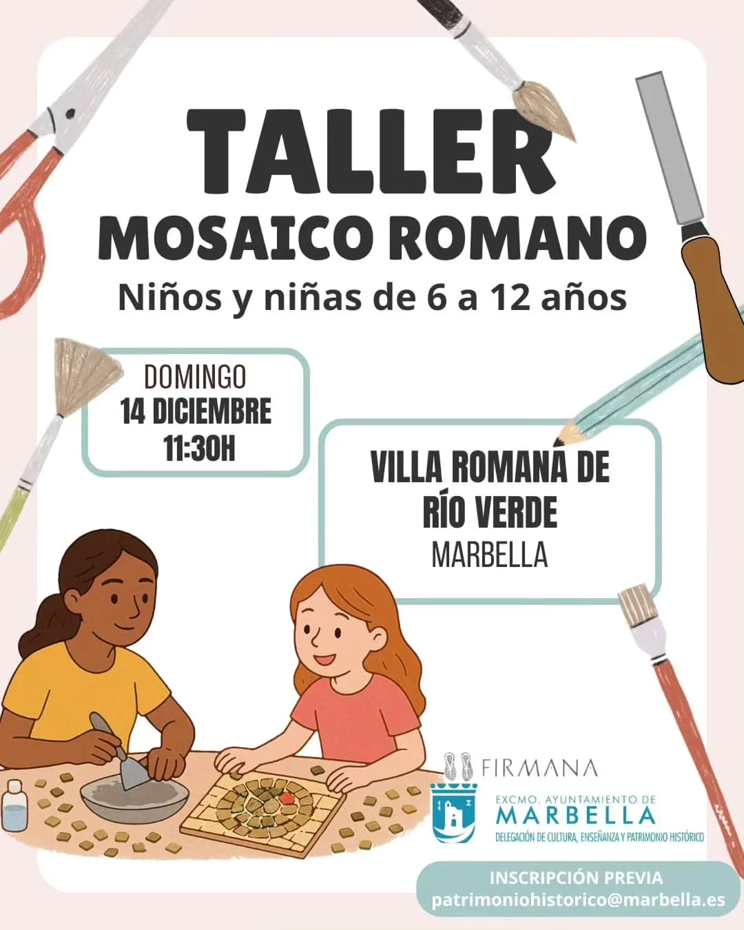 Event poster for the Kids Roman Mosaic Workshop in Marbella, December 14, showing children creating mosaics with event details included.