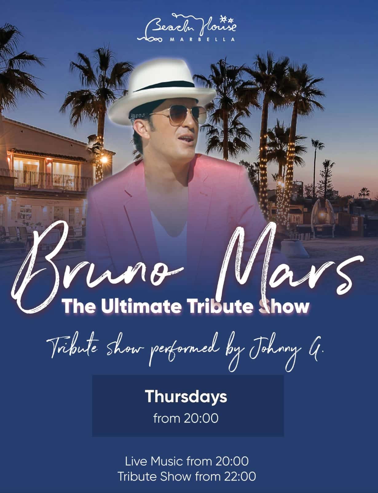 Bruno Mars Tribute Show 🎤✨ with Johnny G – Thursdays at Beach House Marbella Poster