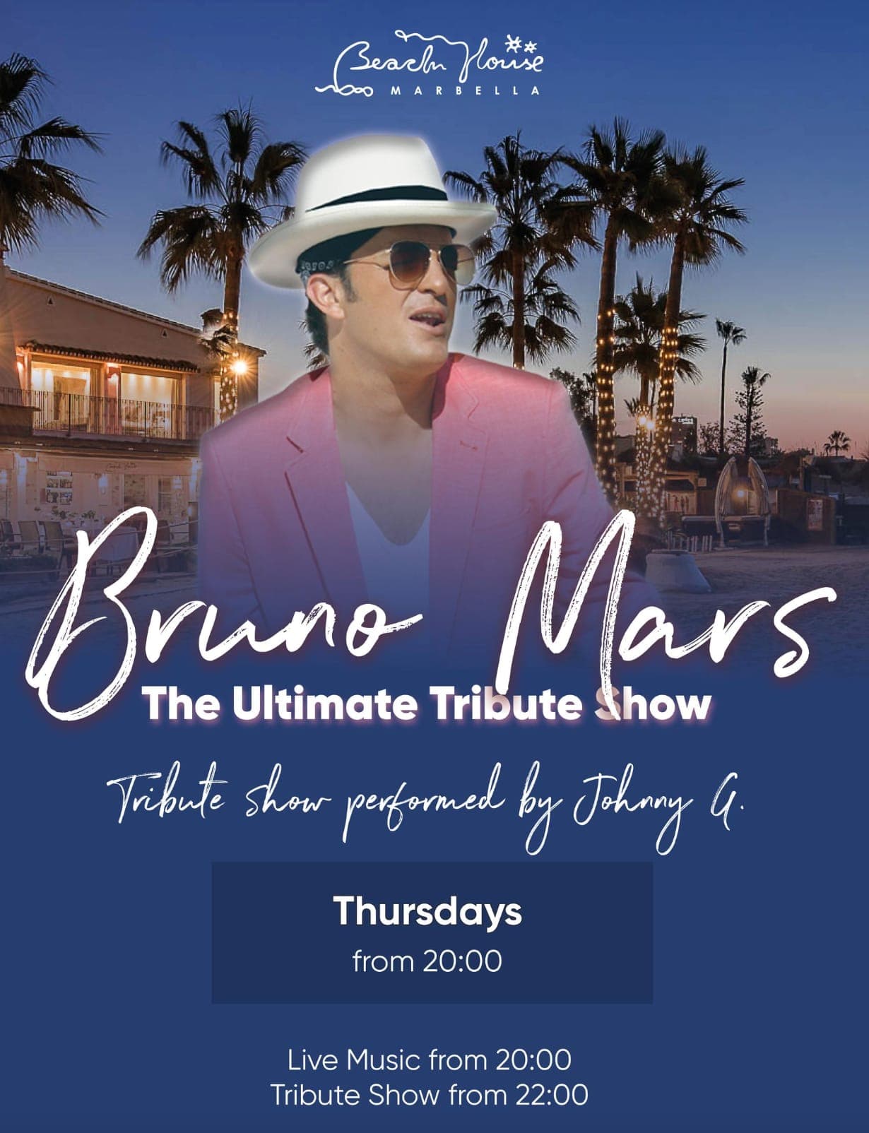 Bruno Mars Tribute Show 🎤✨ with Johnny G – Thursdays at Beach House Marbella Poster