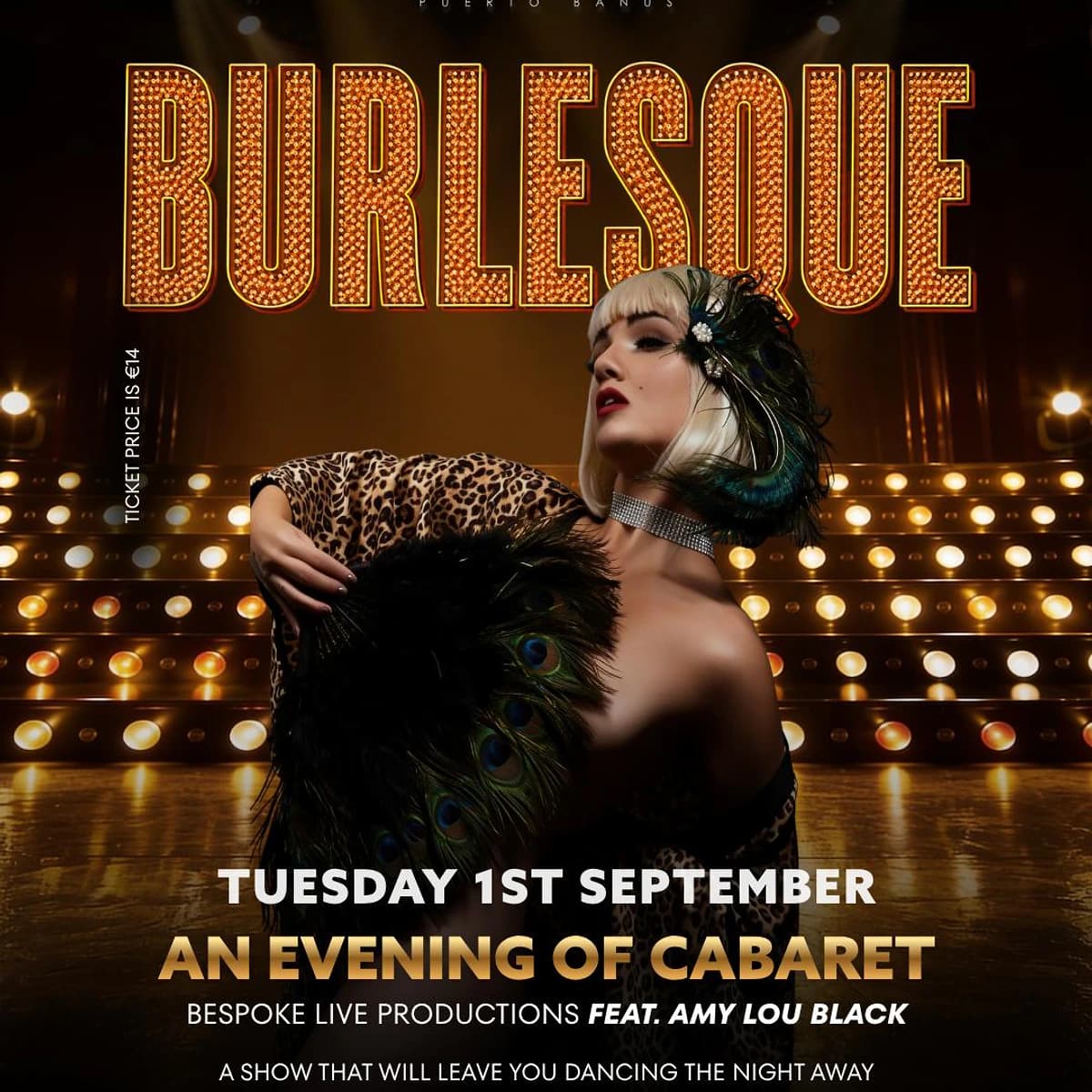 Cartel de Burlesque en La Sala Puerto Banús con una artista de cabaret con abanico de plumas, escenario iluminado y Amy Lou Black anunciada para el 1 de septiembre.