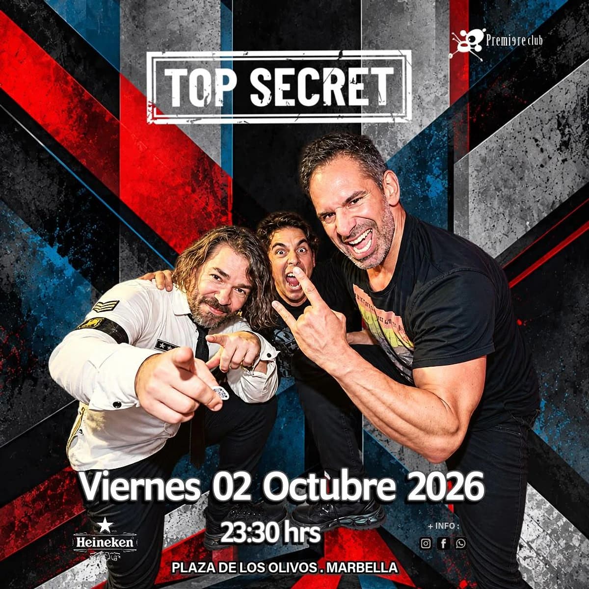 Tres miembros de Top Secret posan frente a un fondo geométrico rojo, azul, negro y gris. El cartel anuncia el viernes 2 de octubre de 2026 a las 23:30 h en Premiere Club Marbella.