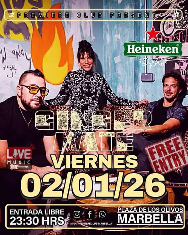 Cartel del evento para el concierto de Ginger Mate en Premiere Club Marbella el 2 de enero a las 23:30 hrs. Muestra imagen de la banda y detalles del evento.