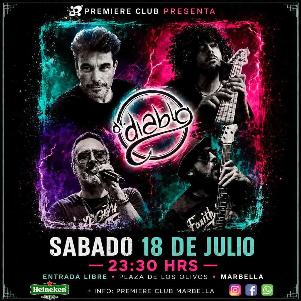 Diablo performs live on Saturday, July 18, 2026, from 11:30 pm to 3:30 am at Premiere Club Marbella. Entry is free, and the concert offers a night built around a live band, stage energy and a genuine venue atmosphere in central Marbella. The poster features four musicians and places the live performance at the centre of the night. Rather than working as background music, the format focuses on the connection between band and audience, live sound and an experience designed for people who want to extend their Saturday night with a concert until the early hours. Located in Plaza de los Olivos, Premiere Club strengthens its position as a regular Marbella venue for concerts, tribute acts and music-led nights. It is a straightforward option for locals and visitors looking for live music, free entry and a venue with its own identity in the city centre.