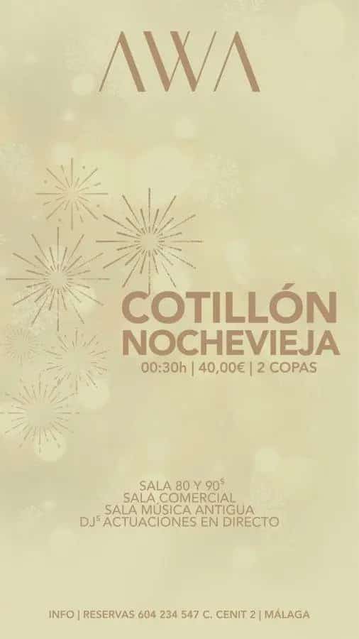 Cena de gala y fiesta de Nochevieja 2025 en Málaga en AWA Málaga.