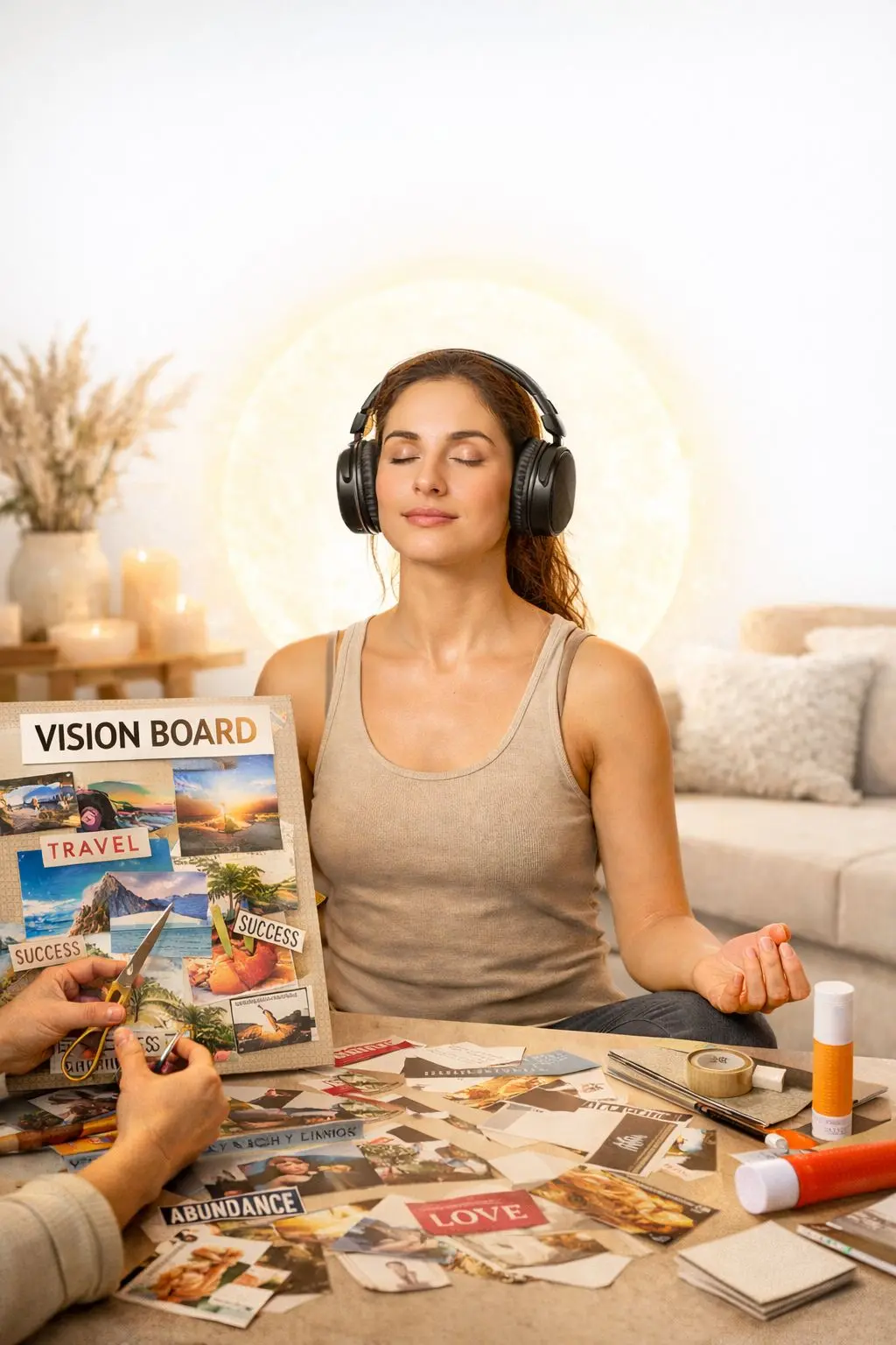 Woman meditating with headphones while creating a vision board with images of travel, success and personal wellbeing.