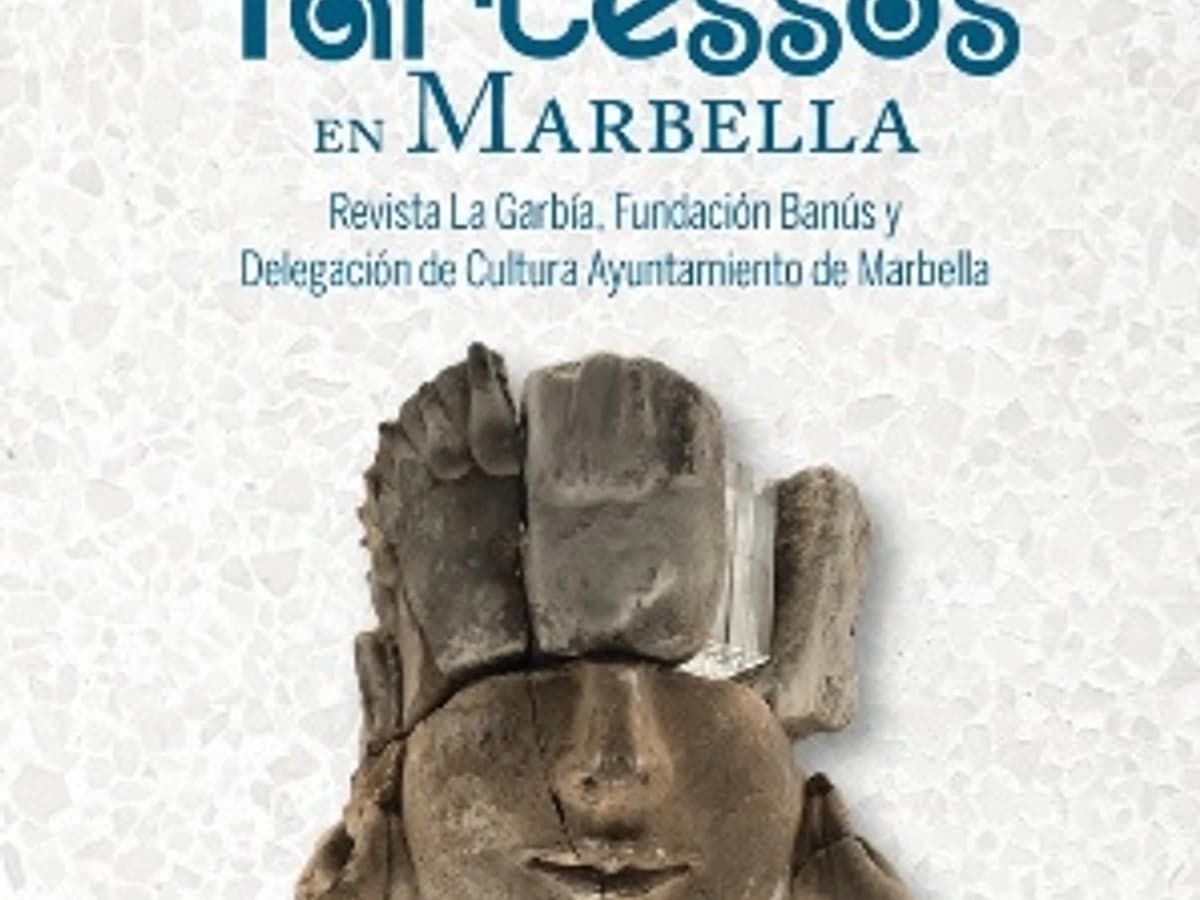 Cartel de las Jornadas sobre Tartessos en Marbella con escultura tartésica y anuncio de conferencia sobre élites y conexiones en la Primera Edad del Hierro.