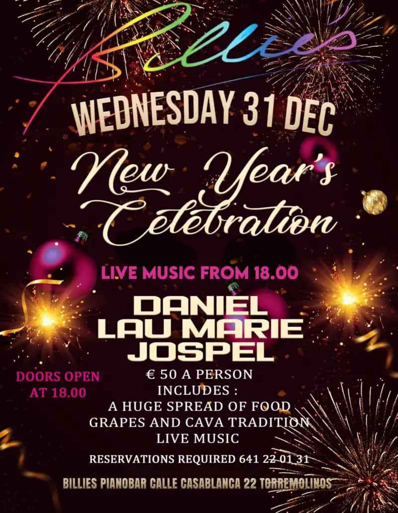 Fiesta de Fin de Año 2025 de Billie en Torremolinos Málaga con música en vivo, baile, tapas y caída de la bola a medianoche