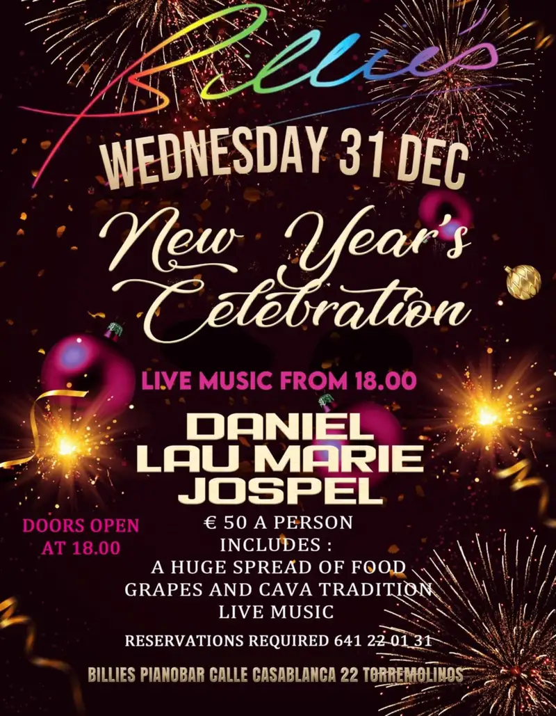 Fiesta de Fin de Año 2025 de Billie en Torremolinos Málaga con música en vivo, baile, tapas y caída de la bola a medianoche