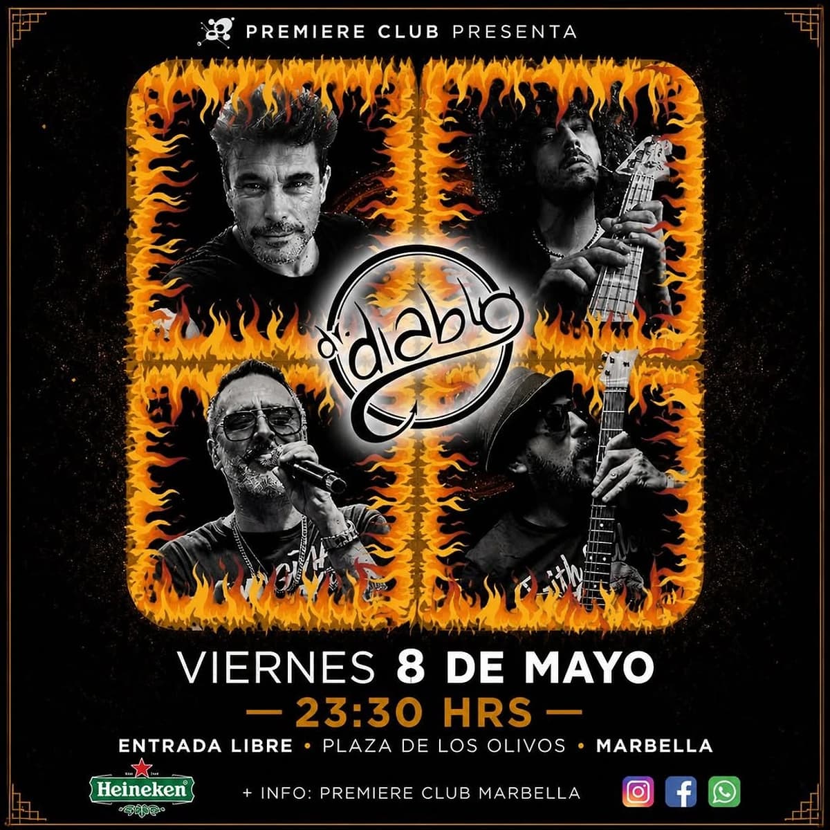 Cartel promocional de Diablo en Premiere Club Marbella con cuatro retratos en blanco y negro rodeados de llamas naranjas sobre fondo negro. El concierto es el viernes 8 de mayo a las 23:30 h y la entrada es libre.
