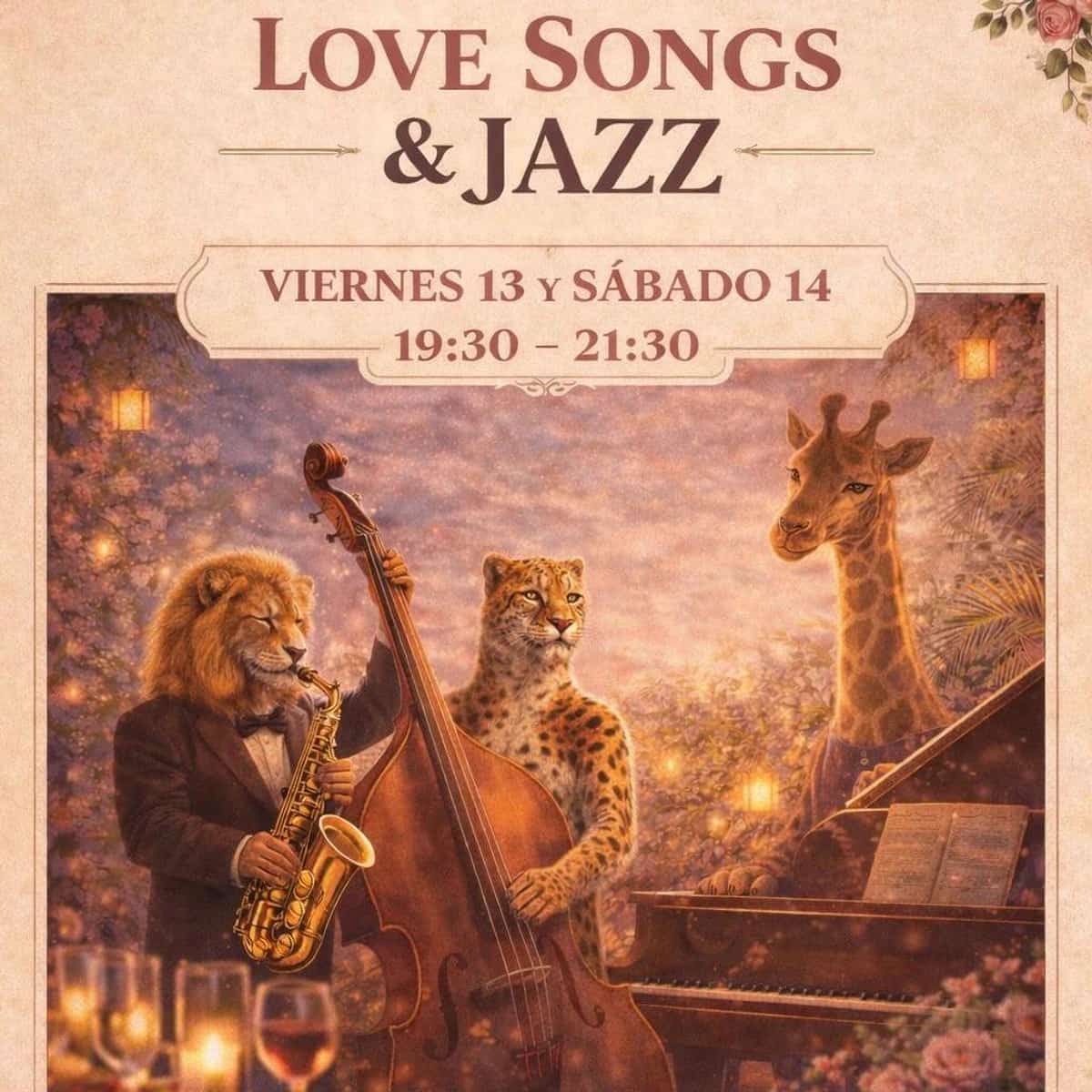 Cartel de estilo vintage para el evento "Love Songs & Jazz" en Trocadero Estepona con animales ilustrados tocando instrumentos de jazz en un entorno romántico.